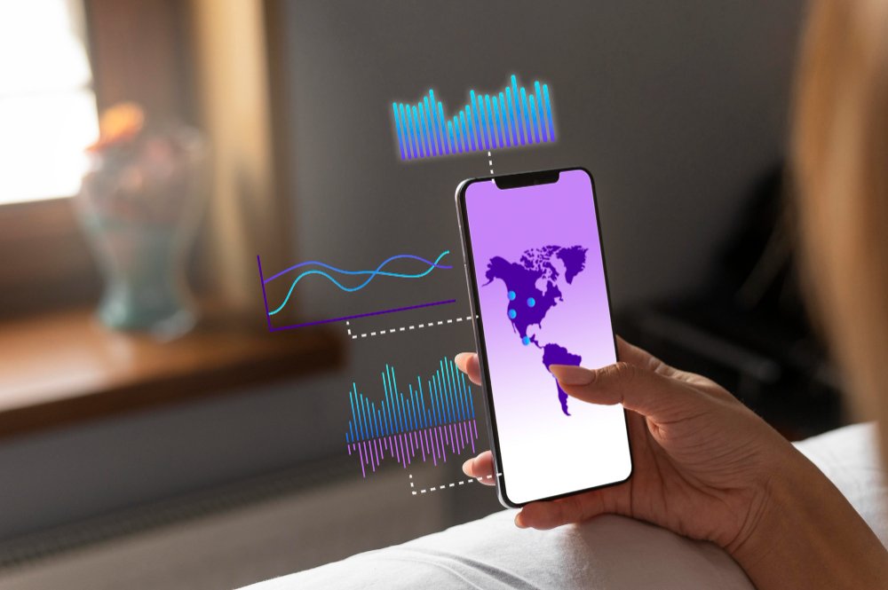 Trader using a smartphone trading app with live charts