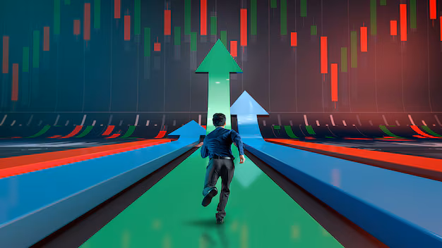 Investor running along a rising market arrow
