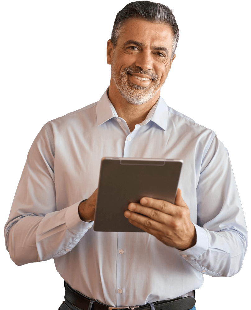 Smiling trader holding a tablet